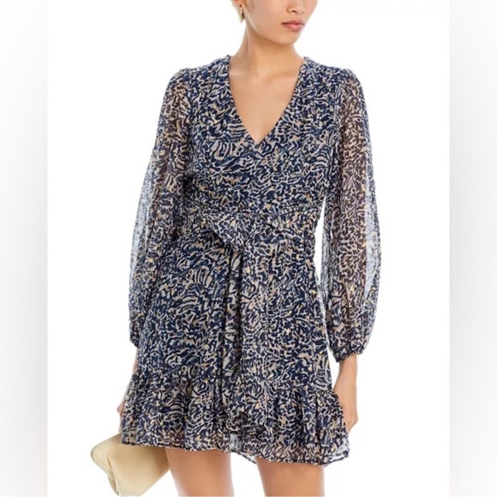 NWT Aqua Cocktail Dress Wrap Plunge Long sleeve Navy and Cream Animal Print
